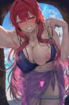  1girl absurdres alternate_costume armpits bare_shoulders beach bikini bikini_bottom_pull blunt_bangs blush breasts cave_interior clothes_pull cloud collarbone commentary_request commission covered_nipples cowboy_shot day duel_monster exosister_karmael exosister_martha grin groin hair_between_eyes hair_intakes highres kabedon_on_viewer large_breasts leaning_forward long_hair looking_at_viewer navel nipples nose_blush ocean one_breast_out outdoors pixiv_commission purple_bikini purple_sarong red_eyes red_hair sarong sayaka_ikku sidelocks smile solo standing stomach sweat swimsuit teeth thigh_gap untied_bikini_top very_long_hair yu-gi-oh! 