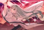  1girl :o blue_skirt breasts commentary_request detached_sleeves falling_star frog_hair_ornament gohei green_eyes green_hair hair_ornament hair_tubes highres holding holding_gohei kochiya_sanae long_hair long_sleeves looking_at_viewer mountain nontraditional_miko open_mouth single_hair_tube skirt snake snake_hair_ornament solo tojorin touhou touhou_lost_branch_of_legend translation_request 