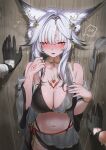  1boy 1girl absurdres alternate_costume animal_ear_fluff animal_ears arm_tattoo bikini black_bikini black_gloves black_sarong blush breasts chest_markings chest_tattoo commentary_request cowboy_shot forehead_tattoo fox_ears fox_girl fox_tail gloves guest_art highres hsin_(wuthering_waves) jewelry kabedon large_breasts long_hair male_rover_(wuthering_waves) multiple_girls navel necklace orange_eyes pov pov_hands red_nails rover_(wuthering_waves) sarong shower_(place) shower_head solo_focus spoken_blush stomach swimsuit tacet_mark_(wuthering_waves) tail takeno_omoti tattoo white_hair wuthering_waves 