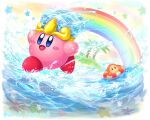  :d arms_up artist_name blue_eyes blush blush_stickers brown_eyes commentary_request copy_ability crown full_body innertube island kirby kirby_(series) looking_at_viewer ninjya_palette no_humans open_mouth palm_tree plant rainbow running smile splashing star_(symbol) starfish striped_innertube tree twitter_username waddle_dee walking walking_on_liquid water water_kirby waves 