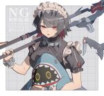  1girl absurdres bangboo_(zenless_zone_zero) black_hair black_nails border breasts colored_inner_hair commentary_request dotted_line ellen_joe fins fish_tail frilled_wristband grey_background grid_background hairband highres holding holding_weapon isana615 large_breasts looking_at_viewer maid_headdress metal_hairband mole mole_under_eye multicolored_hair open_mouth over_shoulder prehensile_tail razor_blade_hair_ornament red_eyes saw scar scar_on_tail shark_girl shark_tail sharkboo_(zenless_zone_zero) short_hair solo spiked_headband tail twitter_username upper_body weapon weapon_over_shoulder white_border zenless_zone_zero 