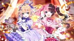  2girls :d arm_up blonde_hair blue_eyes bow bowtie breasts brown_hair cleavage commentary confetti copyright_name copyright_notice corset dress fangs frilled_dress frilled_wristband frills green_eyes hair_ribbon hand_up highres holding holding_microphone idol_clothes kurumi_noah layered_dress medium_hair microphone multiple_girls nail_polish official_alternate_costume official_art open_hand open_mouth pink_bow pink_bowtie pink_corset pink_hair pink_nails pink_ribbon puffy_short_sleeves puffy_sleeves purple_bow purple_bowtie purple_corset purple_dress purple_hair purple_nails purple_ribbon reniirean ribbon sample_watermark short_sleeves singing smile stuffed_animal stuffed_rabbit stuffed_toy tachibana_hinano teddy_bear teeth twintails two_side_up upper_teeth_only v-shaped_eyebrows virtual_youtuber vspo! watermark 