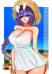  1girl animal_ears blue_eyes braid braided_ponytail breasts cleavage commentary cottontail_(vtuber) dress english_commentary hair_between_eyes hat heterochromia highres indie_virtual_youtuber large_breasts long_hair looking_at_viewer miragemybae purple_eyes purple_hair rabbit_ears rabbit_girl smile solo straw_hat sun_hat sundress virtual_youtuber white_dress wide_hips 