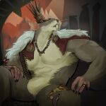  1boy absurdres animal_ears artist_name bara buck_teeth cape claws commentary cross_scar crown deadlock_(game) english_commentary facing_to_the_side fur-trimmed_cape fur_trim furry furry_male gr1mes11 highres jewelry male_focus mouse_(animal) mouse_boy mouse_ears multiple_scars muscular muscular_male necklace nipples notched_ear pectorals rat_king_(deadlock) red_cape scar scar_on_face scar_on_nose scar_on_shoulder sitting teeth whiskers 