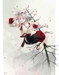  1girl animal_ear_fluff animal_ears black_skirt clothing_cutout commentary_request detached_sleeves falling_petals grey_hair hat highres hip_vent inubashiri_momiji medium_hair open_mouth petals pom_pom_(clothes) red_eyes red_hat red_skirt riki6 sheath sheathed shirt skirt sleeveless sleeveless_shirt smile socks solo sword sword_on_back tabi tokin_hat touhou tree two-tone_skirt weapon weapon_on_back white_shirt white_socks wide_sleeves wolf_ears wolf_girl 