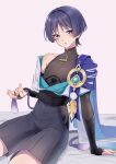  1boy absurdres aqua_gem arm_at_side arm_support armor black_bodysuit black_bridal_gauntlets black_sash black_shorts blue_kimono blue_sleeves blunt_ends blush bodysuit bridal_gauntlets cape clothing_cutout commentary_request covered_collarbone curled_fingers eyeliner feathers fingernails furisode gem genshin_impact gold gold_ring grey_hair grey_pupils hakama hakama_shorts hand_up high-waist_shorts highres hip_vent japanese_armor japanese_clothes juban kimono kote kurokote layered_sleeves looking_at_viewer makeup male_focus mandarin_collar middle_ring multicolored_hair open_clothes open_kimono open_mouth pink_background pleated_shorts pom_pom_(clothes) purinigax purple_cape purple_eyes purple_hair red_eyeliner sash scaramouche_(genshin_impact) short_sleeves shorts shoulder_peek side_cape single_bare_shoulder single_off_shoulder solo streaked_hair tassel tsurime variant_set vision_(genshin_impact) wanderer_(genshin_impact) white_kimono white_sleeves wispy_bangs yellow_feathers 