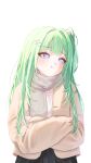  1girl :t absurdres black_skirt blue_eyes blunt_bangs brown_jacket brown_scarf casual closed_mouth commentary_request crossed_arms green_hair hair_ornament hairclip highres jacket long_hair long_sleeves looking_to_the_side multicolored_eyes one_side_up open_clothes open_jacket pom_pom_(clothes) pom_pom_hair_ornament pout purple_eyes scarf shirt simple_background skirt solo stellive upper_body virtual_youtuber white_background white_shirt yoo_hwa yuzuha_riko 