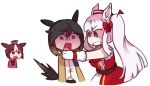  3girls alternate_hair_color asphyxiation black_hair blunt_bangs brown_hair dress gold_ship_(umamusume) jacket long_hair medium_hair multiple_girls original point_flag_(racehorse) red_dress shirt sleeveless sleeveless_dress stay_gold_(sunlit_outsider)_(umamusume) stay_gold_(umamusume) strangling surprised totally_real twintails umamusume umamusume_horse_relations upper_body white_shirt yellow_jacket 