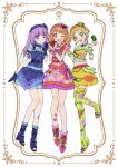  3girls :d absurdres aikatsu! aikatsu!_(series) blonde_hair blue_boots blue_gloves blue_hairband blue_shirt blue_skirt boots border braid commentary full_body gem gloves green_boots green_eyes green_hairband green_shirt green_skirt hairband highres hikami_sumire idol_clothes long_hair looking_at_viewer multiple_girls nail_polish one_eye_closed open-toe_boots open_mouth ornate_border ozora_akari pink_boots purple_eyes purple_hair purple_shirt purple_skirt red_hairband shinjo_hinaki shirt short_hair skirt smile standing thigh_boots toenail_polish toenails untranslatable_commentary wrist_cuffs yamaguchi_haruka_(tenpiboshi) 