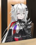  1girl ^_^ aiguillette animal animal_ears arknights black_gloves black_jacket chinese_commentary closed_eyes closed_mouth commentary_request gloves hair_between_eyes hair_ornament hairclip high_collar highres holding holding_animal jacket lappland_(arknights) lappland_the_decadenza_(arknights) long_hair long_sleeves multiple_hairclips necktie nsd_cre parallel_hairclips purple_necktie red_gloves red_necktie scar scar_across_eye scar_on_face sitting smile solo upper_body white_hair wolf_ears wolf_girl 