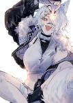  1girl :d absurdres animal_ear_fluff animal_ears artist_name bandaid bandaid_on_face bandaid_on_nose black_jacket blue_hair breasts commentary e_n_(eniji34) elira_pendora elira_pendora_(wolf) english_commentary fangs fur-trimmed_jacket fur_trim highres indian_style jacket large_breasts linea_alba looking_at_viewer mole mole_on_armpit nijisanji nijisanji_en pink_eyes short_hair simple_background sitting smile solo tail twitter_username virtual_youtuber white_background wolf_ears wolf_tail 