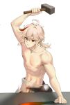  1boy genshin_impact hammer huahua123569 kaedehara_kazuha male_focus multicolored_hair navel nipples pants penis ponytail pubic_hair red_eyes red_hair streaked_hair sword testicle topless_male weapon 