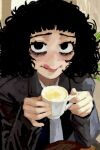  1girl absurdres afro arms_on_table bags_under_eyes black_coat black_eyes casato coat commentary cup curly_hair ellie_(casato) english_commentary highres licking_lips looking_at_viewer original shirt solo tea teacup tongue tongue_out white_shirt 