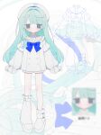  1girl aqua_hair blue_bow blue_bowtie boots bow bowtie commentary frilled_shirt_collar frills full_body hat highres leg_warmers long_hair long_sleeves sailor_hat sakakiai shirt short_shorts shorts single_leg_warmer standing straight-on utau white_boots white_leg_warmers white_shirt white_shorts yuubi_nanika_(sakakiai) 