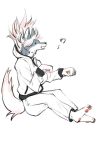  4_toes 5_fingers anthro barefoot big_breasts bottomwear breasts canid canine canis cheek_tuft claws clothed clothing digital_media_(artwork) facial_tuft feet female female_anthro fingers floating fur grey_body grey_fur hair hoodie inner_ear_fluff kemono long_hair mammal okami_bark ookamiwaho open_mouth pants pawpads shirt side_view simple_background smile solo tail toe_claws toes topwear tuft white_body white_bottomwear white_clothing white_fur white_hair white_hoodie white_pants white_topwear wolf 