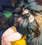 1girl alternate_breast_size_(larger) black_dress black_feathers black_gloves black_hair black_hat black_wings blackbird_(nte) breasts chain chain_necklace cleavage closed_mouth commentary_request diamond_(shape) diamond_facial_mark dress facial_mark feathers gloves hair_over_one_eye hat highres huge_breasts jewelry large_hat long_hair morung necklace neverness_to_everness one_eye_covered sitting solo winged_hat wings witch_hat yellow_eyes 