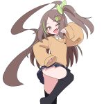  1girl :d ;d ahoge black_skirt black_thighhighs blush bow brown_eyes brown_hair collared_shirt comically_huge_ahoge commentary_request cowboy_shot fang fukunao green_bow green_streaks hair_bow hair_ornament highres huge_ahoge long_hair long_sleeves looking_at_viewer multicolored_hair one_eye_closed one_side_up open_mouth original parted_bangs pleated_skirt school_uniform shirt simple_background skin_fang skirt sleeves_past_fingers sleeves_past_wrists smile solo streaked_hair symbol-shaped_pupils thighhighs white_background white_shirt 