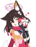  1girl absurdres animal_ear_fluff animal_ears blue_archive blush brown_hair chocolate colored_inner_animal_ears commentary_request eyeshadow fang fox_ears fox_girl fox_hair_ornament fox_tail fukunao hair_ornament halo highres izuna_(blue_archive) long_sleeves looking_at_viewer makeup open_mouth partial_commentary pink_eyeshadow pink_halo pink_scarf pom_pom_(clothes) pom_pom_hair_ornament scarf short_hair simple_background smile solo tail valentine white_background yellow_eyes 