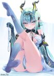  1girl arknights arknights:_endfield black_horns black_streaks blue_eyes blush bow bow_panties breasts colored_extremities commentary dragon_girl dragon_horns feet full_body green_hair grey_socks hair_intakes highres holding horns kneehighs kneepits leg_up long_hair multicolored_hair no_shoes paid_reward_available panties parted_lips pointy_ears si_(arknights) sitting socks soles solo streaked_hair twitter_username underwear unworn_panties watermark white_panties yellow_horns yeosi 