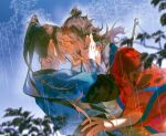  2boys all_wishes_come_true! arm_wrap black_hair black_sash blue_hanfu blue_trim blurry blurry_foreground blush brown_hair chinese_clothes chinese_commentary closed_eyes coat commentary_request crying depth_of_field face-to-face facial_hair facing_another floating_hair forehead-to-forehead from_side hair_bun half_updo hand_on_another's_back hands_on_another's_cheeks hands_on_another's_face hanfu heads_together high_ponytail highres imminent_kiss jewelry layered_sleeves leaf leaf_belt leaf_ornament long_hair long_sleeves lv_dongbin_(all_wishes_come_true!) male_focus multiple_boys mustache_stubble necklace open_clothes open_coat outdoors parted_lips ponytail profile rain red_coat red_sash robe sash sidelocks single_hair_bun smile still_chennjoe stubble sword sword_on_back sword_tassel tassel tears tree twitter_username upper_body weapon weapon_on_back weapon_tassel wet white_hanfu wide_sleeves yaoi zhongli_quan_(all_wishes_come_true!) 