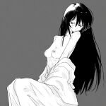  1girl averting_eyes bare_shoulders black_hair blush breasts breasts_out cartagra clothes_down collarbone commentary_request emaciated embarrassed film_grain grey_background grey_eyes greyscale hospital_gown kouzuki_yura long_hair monochrome nipples parted_lips pointy_breasts ribs sitting small_breasts solo user_cfzh8883 very_long_hair wrinkled_fabric 