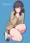  1girl absurdres alternate_costume aqua_eyes bare_legs black_hairband black_panties black_skirt blue_background blue_nails blunt_sidelocks boots brown_hair brown_jacket buttons character_name commentary_request cursive freckles hairband hand_up high_heel_boots high_heels highres jacket kantai_collection lapels light_blush long_sleeves looking_at_viewer medium_hair miniskirt mogador_(kancolle) nanafumi_(nanafumino) on_one_knee panties pantyshot pinstripe_jacket pinstripe_pattern sidelocks simple_background skirt solo thick_thighs thighs underwear white_boots 