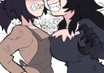  2boys 2girls absurdres animal_ear_fluff animal_ears apron black_dress black_hair black_thighhighs blush breast_contest breast_press breasts carrying cat_girl cleavage commentary curvy dress english_commentary family_time_(game) fire flaming_weapon fur_dress fur_gloves highres japvs large_breasts log long_hair mother_and_child mother_and_daughter multiple_boys multiple_girls parent_and_child scar scar_on_face small_breasts smile symmetrical_docking tail thighhighs weapon wolf_ears wolf_girl wolf_mama_(family_time) wolf_tail 