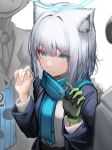  1girl 2boys absurdres animal_ear_fluff animal_ears blue_archive blue_eyes blue_scarf closed_mouth gloves green_gloves halo highres looking_at_viewer multiple_boys scarf shiroko_(blue_archive) short_hair single_glove tab_head white_hair 