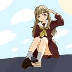  1girl black_shoes blush brown_dress brown_hair closed_mouth dress hasu_no_sora_school_uniform highres kachimachi_kosuzu loafers long_hair long_sleeves looking_at_viewer love_live! love_live!_hasu_no_sora_jogakuin_school_idol_club medium_dress neckerchief pleated_dress purple_eyes sailor_collar sailor_dress school_uniform shoes sitting smile socks solo sugaryu_(su37347929d) upskirt virtual_youtuber white_sailor_collar white_socks winter_uniform yellow_neckerchief 