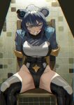 1girl absurdres alternate_costume animal_ears arms_behind_back bear_ears black_leotard black_thighhighs blood blood_from_mouth blood_on_face blue_eyes blue_hair blue_streaks breasts chair clenched_teeth commentary commission daaku_(koizumi_arata) english_commentary fujikura_uruka groin_tendon half-closed_eyes highres large_breasts leotard long_hair looking_at_viewer multicolored_hair narrowed_eyes nosebleed on_chair phase_connect short_sleeves sitting skin_tight smile solo spread_legs streaked_hair superhero_costume teeth thick_eyebrows thighhighs tile_wall tiles tsurime two-tone_hair v-shaped_eyebrows virtual_youtuber 