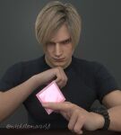  1boy 3d blonde_hair blue_shirt commentary_request condom hand_on_own_chin holding holding_condom leon_s._kennedy looking_at_viewer male_focus muscular muscular_male nichilema12138 resident_evil resident_evil_4 shirt short_hair smirk solo upper_body watch wristwatch 