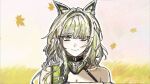  1girl animal_ears arknights bare_shoulders bright_pupils cat_ears cat_girl chinese_commentary closed_mouth commentary_request green_eyes green_streaks grey_hair hair_over_one_eye highres kal'tsit_(arknights) kal'tsit_esperanta_(arknights) leaf light_blush light_smile long_hair looking_at_viewer multicolored_hair outline portrait solo streaked_hair white_outline white_pupils yuyan_yu_yan 