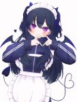  1girl absurdres apron black_hair black_wings blue_horns blue_jacket blue_streaks blush closed_mouth commentary_request cross cross_earrings demon_tail earrings enmaided four-finger_heart_hands frilled_apron frills heart heart_hands highres horns ichinose_uruha jacket jersey_maid jewelry long_hair long_sleeves looking_at_viewer maid maid_headdress minchiii multicolored_hair purple_eyes simple_background smile solo streaked_hair tail track_jacket two_side_up unconventional_maid virtual_youtuber vspo! waist_apron white_apron white_background wings 