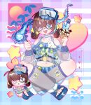  1girl absurdres bare_shoulders braid brown_hair chibi commentary_request crossed_legs food ghost goggles goggles_on_head hamaguri_mafuyu heaven_burns_red highres hiiragi_kozue hitodama holding holding_food holding_ice_cream ice_cream ice_cream_cone open_mouth purple_eyes short_hair swimsuit twin_braids 