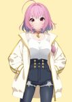  1girl ahoge belt belt_collar black_pantyhose black_shorts blue_hair blush breasts choker closed_mouth coat collar colored_inner_hair commentary_request hair_intakes hands_in_pockets high-waist_shorts highres idolmaster idolmaster_cinderella_girls idolmaster_cinderella_girls_starlight_stage large_breasts long_sleeves looking_at_viewer matsu48021720 medium_hair multicolored_hair open_clothes open_coat pantyhose pink_belt pink_choker pink_collar pink_eyes pink_hair ribbed_shirt shirt shorts simple_background smile solo thighs torn_clothes torn_shorts two-tone_hair white_shirt yellow_background yellow_coat yumemi_riamu 