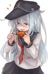  1girl anchor_symbol black_headwear black_sailor_collar black_skirt blue_eyes blush chicken_(food) chicken_leg flat_cap food hair_between_eyes hat hibiki_(kancolle) highres holding holding_food jewelry kantai_collection kuuru_(kuuru-n) long_hair long_sleeves neckerchief open_mouth pleated_skirt red_neckerchief ring sailor_collar school_uniform serafuku simple_background skirt solo upper_body wedding_ring white_background white_hair 