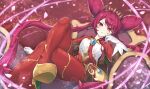  1girl closed_mouth commentary crossed_legs dominusteer_rosepamela duel_monster hair_bun head_rest long_hair looking_at_viewer nakazawa_aki pants red_eyes red_hair red_pants red_shrug shirt shoes shrug_(clothing) solo thorns twintails very_long_hair white_shirt white_sleeves yellow_shoes yu-gi-oh! 