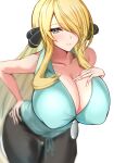 1girl blonde_hair blue_skirt blush breasts closed_mouth cynthia_(pokemon) hair_ornament hair_over_one_eye highres huge_nipples kaoru1307 large_breasts long_hair looking_at_viewer mature_female pokemon pokemon_(anime) pokemon_(game) pokemon_bw_(anime) pokemon_dppt skirt smile solo 