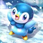  animal_focus arms_up artist_name beak bird blue_eyes blush commentary_request day full_body ice looking_at_viewer ninjya_palette no_humans open_mouth outdoors penguin piplup pokemon pokemon_(creature) shadow snow snowing standing tongue twitter_username water wings 