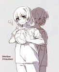  2girls ? absurdres arm_behind_back ball boro_(tn-boro) closed_mouth commentary_request english_text grey_background highres holding holding_ball kaori_ninotsugi mahou_shoujo_ikusei_keikaku mahou_shoujo_ikusei_keikaku_limited monochrome multiple_girls pants short_hair soccer_ball sportswear sweat tatsuko_sakaki 