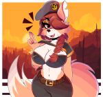  2023 absurd_res anthro belt beret big_breasts bodily_fluids bottomwear bra braided_hair breasts canid canine clothed clothing clothing_lift dipstick_tail emanata female fox fur hair hair_over_eye hat headgear headwear hi_res looking_at_viewer mammal markings navel notched_ear one_eye_obstructed open_mouth pants shirt shirt_lift solo sweat tail tail_markings teeth topwear underwear wireless_shiba 