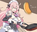  1girl ahoge allie_(stella_sora) black_bow bow breasts cleavage closed_eyes clothing_cutout commentary_request cooking frying_pan hair_bow highres large_breasts long_hair maid maid_headdress multiple_hair_ribbons open_mouth pink_hair ribbon shoulder_cutout solo spatula stella_sora tenten_(chan4545) white_headdress white_ribbon 