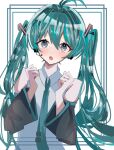  1girl 63k9a absurdres ahoge aqua_hair bangs blue_eyes blush clenched_hands collared_shirt commentary detached_sleeves hands_up hatsune_miku headset highres jaggy_lines long_hair long_sleeves looking_at_viewer shirt skirt sleeveless sleeveless_shirt solo twintails vocaloid 