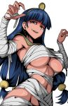  1girl alternate_costume armpits arms_up artist_logo artist_name bandaged_arm bandaged_chest bandaged_torso bandages bilingual_commentary blue_eyes blue_hair blunt_bangs breasts claw_pose cleavage commentary covered_nipples cowboy_shot earrings english_commentary facial_mark from_below gold_hairband gold_headdress groin hair_ornament hairband highres jewelry key_earrings kinoshii-shroom large_breasts logo long_hair looking_at_viewer michigami_nareko mixed-language_commentary mummy_costume naked_bandage navel open_mouth sidelocks simple_background smile solo sphere_hair_ornament striped_capelet teeth touhou triangle triangle_facial_mark twitter_username underboob upper_teeth_only usekh_collar very_long_hair white_background 