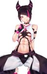  1girl :p abs absurdres artist_name baggy_pants black_gloves black_hair black_panties black_pants breasts choker clothing_cutout commentary crop_top crotch_cutout deccatezu fingerless_gloves gloves hair_horns han_juri highres leggings medium_breasts multicolored_hair navel panties panties_over_leggings pants pink_streaks purple_eyes spiked_choker spikes streaked_hair street_fighter street_fighter_6 tongue tongue_out twitter_username underwear white_background white_leggings 