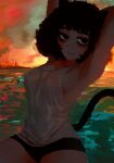  absurdres afro animal_ears armpit_crease armpits arms_behind_head arms_up bags_under_eyes black_eyes black_shorts breasts casato cat_ears cat_girl cat_tail commentary curly_hair ellie_(casato) english_commentary evening highres ocean original shirt shorts sunset sweat tail wet wet_clothes white_shirt 