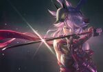 1girl animal_ears bare_shoulders black_gloves commentary_request fighting_stance fingerless_gloves fishnet_fabric fox_ears glint gloves gotointhepark hair_between_eyes hair_flaps hand_to_blade highres holding holding_sword holding_weapon honkai_(series) honkai_impact_3rd katana kuji-in long_scarf looking_at_viewer mask mask_on_head messy_hair ninja photoshop_(medium) pink_hair purple_eyes red_scarf scarf short_hair solo sword upper_body weapon yae_kasumi yae_sakura 