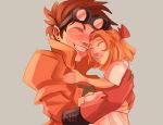  1boy 1girl alternate_costume artist_name bow brown_hair child closed_eyes commentary dress earrings english_commentary father_and_child father_and_daughter fingerless_gloves gloves goggles goggles_on_head green_shirt grey_background grin hair_bow jacket jewelry jojo_no_kimyou_na_bouken joseph_joestar joseph_joestar_(young) kujo_holy nolvini orange_hair orange_jacket parent_and_child pink_dress popped_collar red_bow red_gloves shirt short_hair simple_background smile stardust_crusaders stud_earrings teeth 