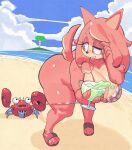  1girl animal_ears animal_nose ass beach bent_over bikini bikini_bottom_pull blue_sky breasts brown_eyes cleavage clothes_pull cloud commentary commission conductor's_wife_(the_murder_of_sonic_the_hedgehog) crab crabmeat_(sonic) curvy english_commentary fang floral_print floral_print_bikini full_body furry furry_female half-closed_eyes hand_up highres inkerton-kun large_breasts long_eyelashes long_hair looking_at_another looking_back non-humanoid_robot ocean open_mouth outdoors palm_tree pink_bikini pink_fur pink_hair print_bikini pulling_another's_clothes robot robot_animal sand sandals second-party_source sky solo sonic_(series) standing swimsuit tail the_murder_of_sonic_the_hedgehog thick_thighs thighs tree 