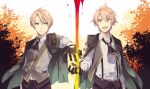 2boys :d :| aqua_eyes ascot black_ascot black_gloves black_jacket black_pants blonde_hair bush closed_mouth collared_shirt crazy_eyes dual_persona fate/grand_order fate/prototype fate/prototype:_fragments_of_blue_and_silver fate_(series) gloves gradient_clothes grey_vest hair_between_eyes half_gloves highres jacket jacket_on_shoulders jekyll_and_hyde_(fate) liquid looking_at_viewer male_focus multiple_boys open_clothes open_collar open_vest outstretched_hand pants red_eyes sakino_saku shirt short_hair smile spiked_hair suspenders teeth upper_body vest white_background white_shirt 